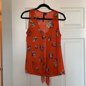 Orange floral tie-front blouse- M